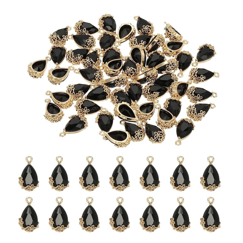 6616 50 Pcs Faceted Teardrop Rhinestone Gemstone Charms, Gold Plated Glass